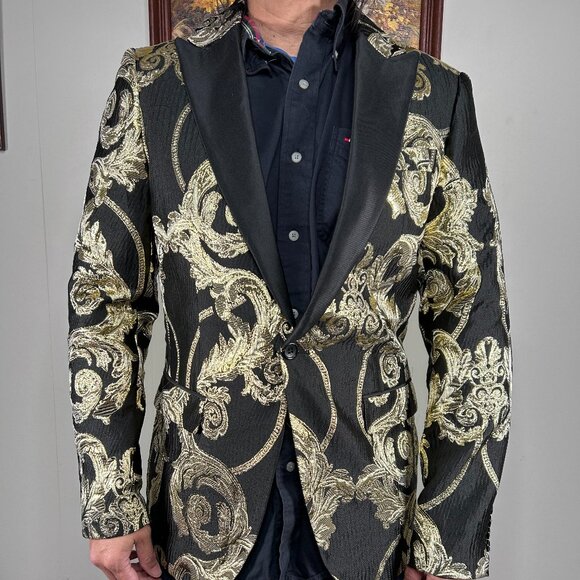 Cielo Single Breasted Blazer Tuxedo Jacket Men's 40R Black Gold Floral NWT - Picture 1 of 13